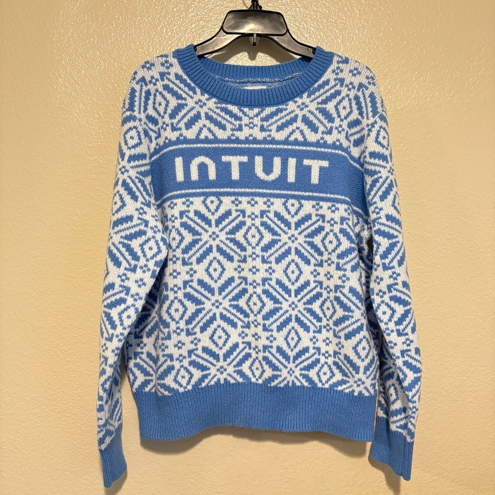 Intuit Blue/White Crew Neck Ugly Christmas Knit Sweater Size Medium Blue White